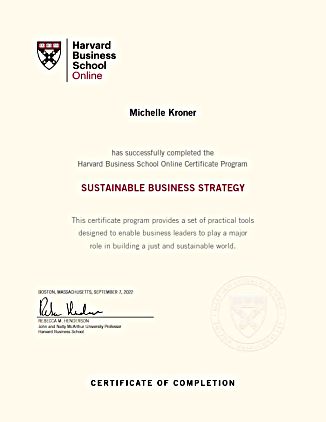 Harvard Business School Online Certificate of Completion for Sustainable Business Strategy, showcasing an individual's successful completion of the program focused on sustainable business leadership and strategy.