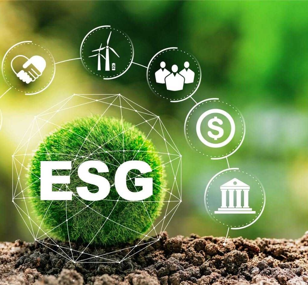 ESG icon surrounded by sustainability symbols, including renewable energy, governance, and environmental impact, representing Environmental, Social, and Governance practices.