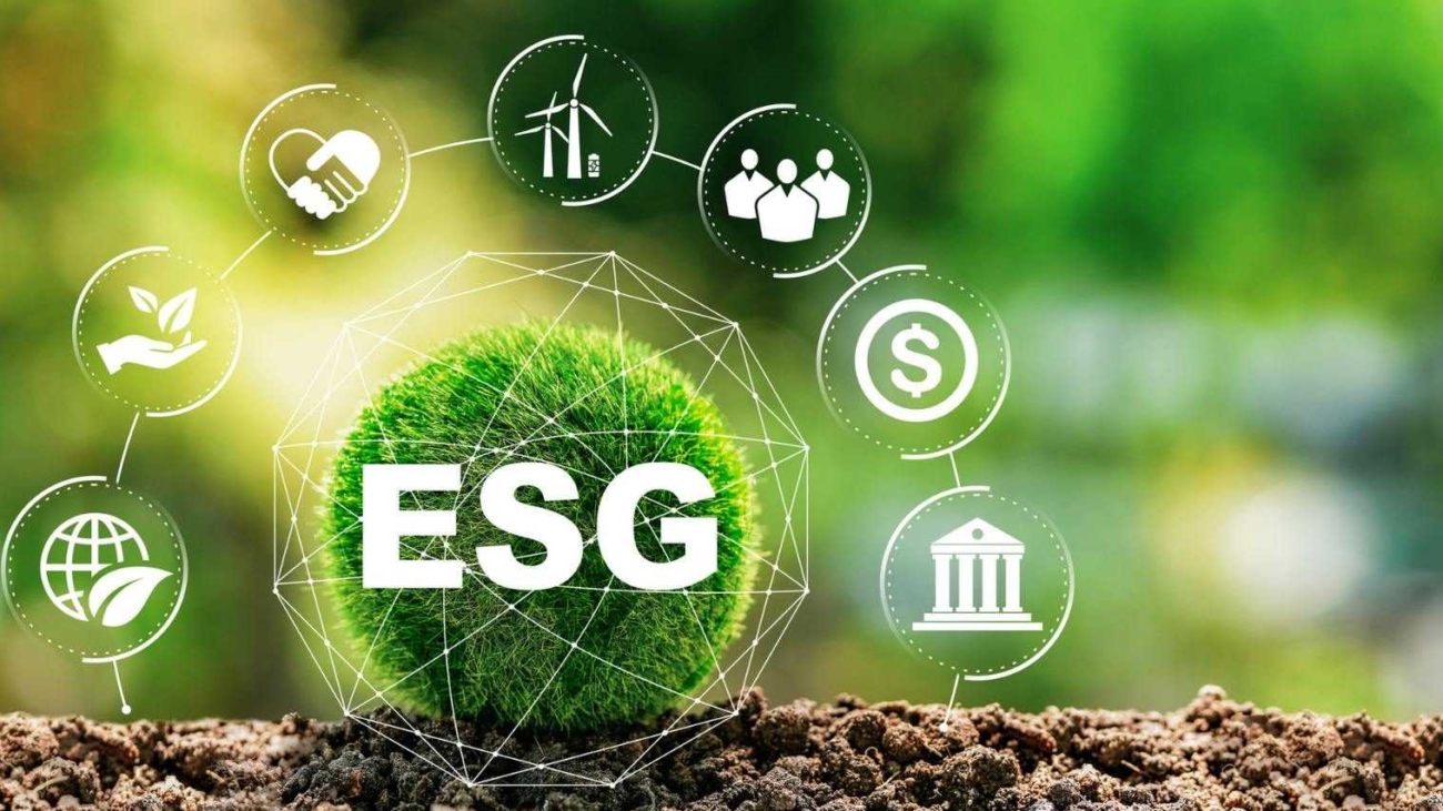 ESG icon surrounded by sustainability symbols, including renewable energy, governance, and environmental impact, representing Environmental, Social, and Governance practices.